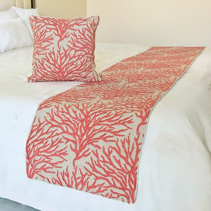 The HomeCentric King/Queen/Twin Coral, Peach & Pink Designer Twin 53"x18" Bed Runner with 2 Pillow Cover, Coral, Pearl Embroidery, Under The Sea & Beach Theme On Linen Fabric - Coraline Pearls