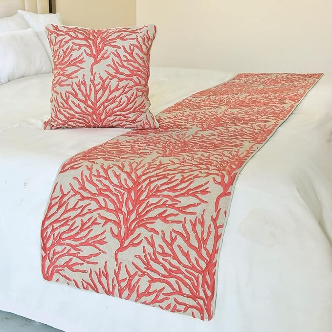 The HomeCentric King/Queen/Twin Coral, Peach & Pink Designer King 90"x18" Bed Runner with 2 Pillow Cover, Coral, Pearl Embroidery, Under The Sea & Beach Theme on Linen Fabric - Coraline Pearls