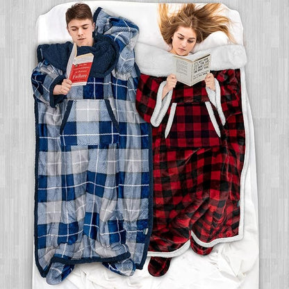 PAVILIA Sherpa Blanket with Sleeves, Foot Pocket for Women Men Adults, Thick Wearable Blanket Throw Wrap, Fleece Warm Snuggle Blanket Robe, Cozy Gift Ideas Wife Mom, Checkered Red