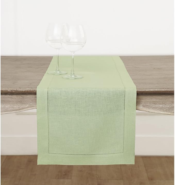 Solino Home Linen Sage Green Table Runner 72 Inches Long - 100% Pure Linen Hemstitch Table Runner 14 x 72 Inch for Dresser, Dining, Christmas, New Year - Classic Hemstitch