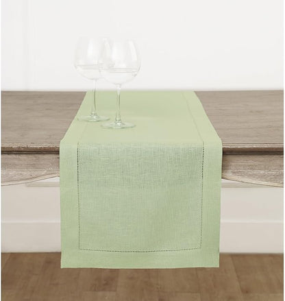 Solino Home Linen Table Runner 36 Inches - 100% Pure Linen Sage Green Hemstitch Table Runner 14 x 36 Inch Ideal for Dresser and Coffee Tables - Christmas, Winter, New Year - Classic Hemstitch