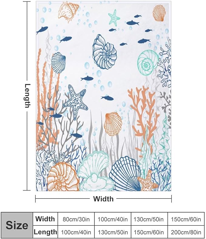 Nautical Coastal Blanket, Starfish Seashell Coral Beach Themed Drapes Ocean Orange Blue Teal Conch Print Throw Blankets for Sofa Couch Bed Room Birthday Decor, 30"x40"