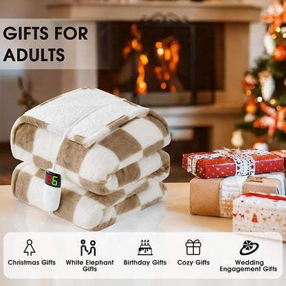 Light Brown Heated Throw Blanket Electric, 50X60 Heating Blanket with 10 Heat Levels & 8 Hours Auto Off for Lap, Checkered Plaid Soft Sherpa Blankets Warmer Gifts for Couch Grandma Women Adults