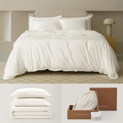 Double Stitch Cotton Tencel Duvet Cover - Queen Size Comforter Cover, Luxury & Soft Eucalyptus Lyocell Bedding Set for Hot Sleepers, Cooling, Smooth & Breathable, Button Closure, Cream, 90"x90"