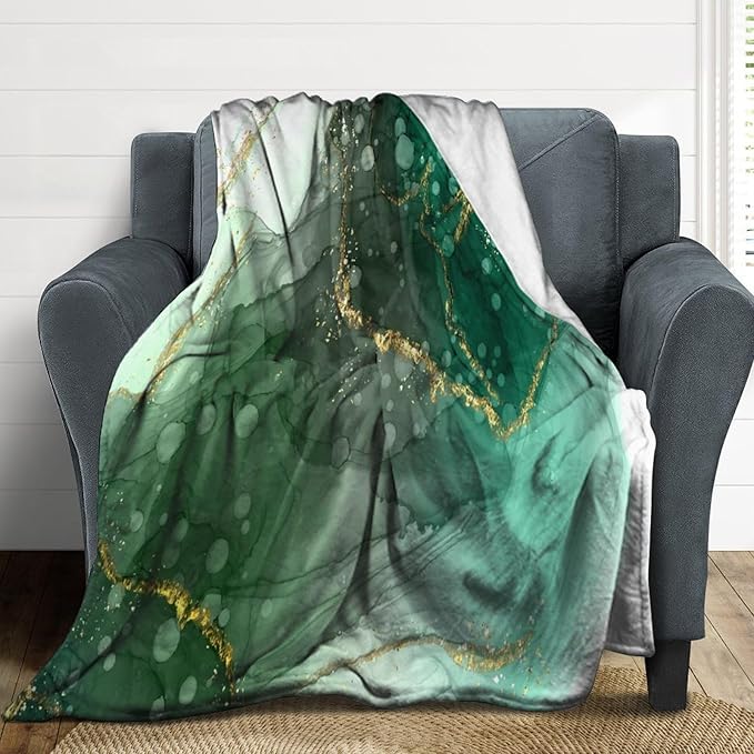 Modern Marble Blanket, Abstract Luxury Baroque Golden Lake Green Stone Veins Pattern Soft Warm Cozy Plush Flannel Covers for Livingroom Bedroom Couch Chair Camping Travel Home Decor Tapestry 30x40in