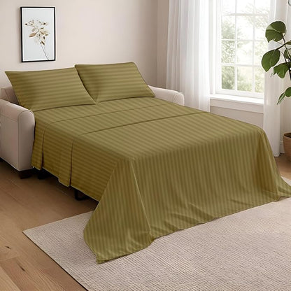 NON Sticky cotton Full Size Sleeper Sofa Sheets, 4 Piece Egyptian Cotton Bed Sheet Set for Sofa Bed, 10" Deep Pocket for Pull Out Couch Mattress, 54" x 75", Taupe Stripe, Soft & Breathable