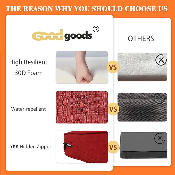 Goodgoods 24x24 inch Outdoor/Indoor Deep Seat Patio Cushions Set of 2 Resilient Foam Filling Water Repellent Stain-Resistant UV Resistant Weather Resistant Deep Seat Bottom Chili