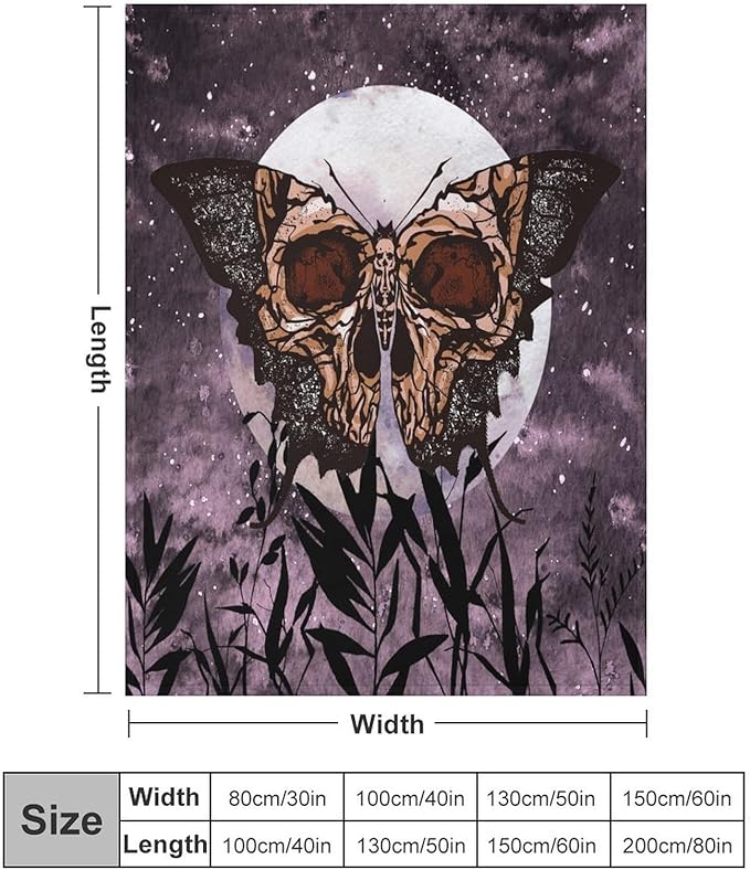 Death Moth Blanket, Boho Gothic Skull Moth Purple Starry Plant Full Moon Mysterious Witchy Throw Blanket for Couch Sofa Office Bed Travelling Bed Throws, 60"x80"