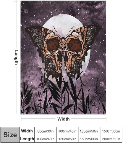 Death Moth Blanket, Boho Gothic Skull Moth Purple Starry Plant Full Moon Mysterious Witchy Throw Blanket for Couch Sofa Office Bed Travelling Bed Throws, 60"x80"