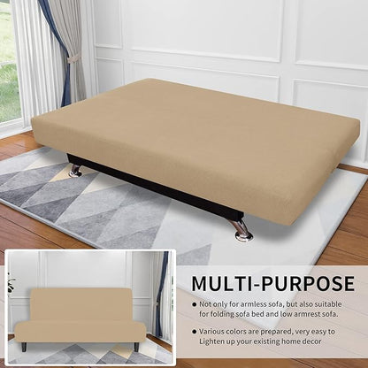Easy-Going Stretch Futon Slipcover Armless Futon Bed Cover Furniture Protector Without Armrests with Elastic Bottom for Kids, Soft Jacquard Fabric Small Checks (Large, Sand)