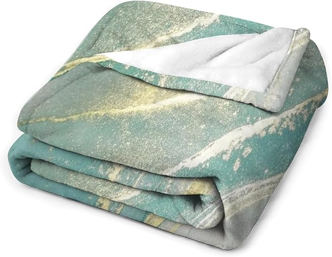 Abstract Marble Blanket, Modern Luxury Baroque Golden Lake Green Stone Veins Pattern Soft Warm Cozy Plush Flannel Covers for Livingroom Bedroom Couch Chair Camping Travel Home Decor Tapestry 30x40in