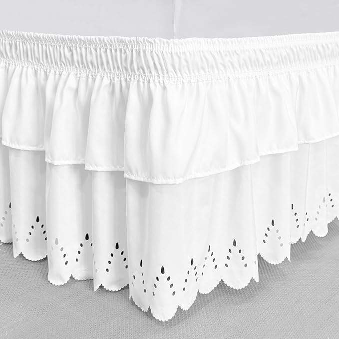 Twin Bed Skirt, Double-Layered Ruffled Eyelet Bed Skirt, Wrap-Around Elastic Dust Ruffle Twin Size with Gathered Styling and Embroidered Details, 14" Drop Length (White)