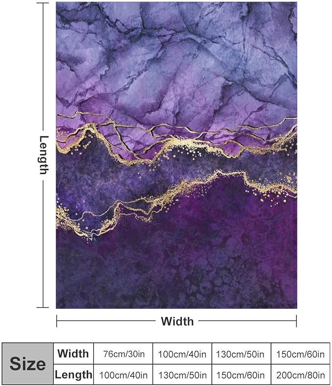 Modern Marble Blanket, Abstract Luxury Baroque Art Golden Purple Stone Veins Pattern Soft Warm Cozy Plush Flannel Covers for Livingroom Bedroom Couch Chair Camping Travel Home Decor Tapestry 40x50in