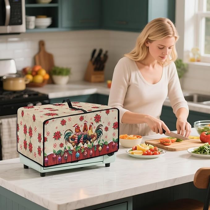 Christmas Toaster Oven Dust Cover with Storage Pockets, Protective Decorative Smart Oven Cover for for Kitchen Countertop, M, 16.5 x 20.5 x 10 Inches, Rooster Chicken Poinsettia Red Beige