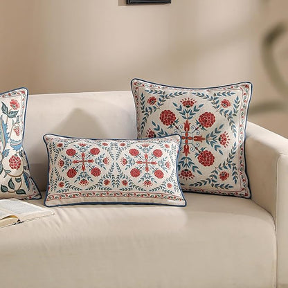 patdrea Designer Throw Pillow Covers Set of 2,Lumbar Brilliant Vintage Red Tropical Linen with Floral Pattern Pillow Cover,Decorative Rectangle Pillowcases Cushion for Bed Living Room,12"x20"