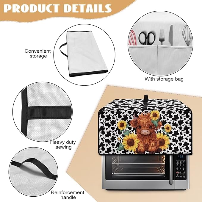 Microwave Oven Cover with Storage Pockets Waterproof Toaster Oven Dust Cover Universal Kitchen Appliance Protector, Cartoon Highland Cattle Sunflower Cow Print, M