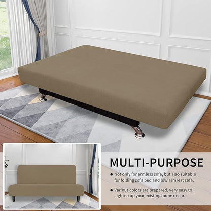 Easy-Going Stretch Futon Slipcover Armless Futon Bed Cover Furniture Protector Without Armrests with Elastic Bottom for Kids, Soft Jacquard Fabric Small Checks (Large, Tan)