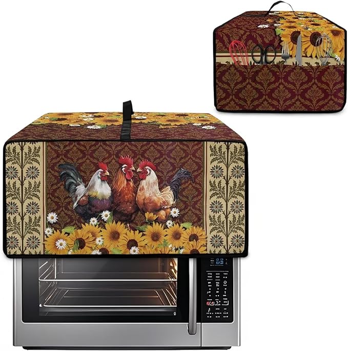 Microwave Oven Cover Waterproof Heavy Duty Microwave Oven Dust Cover with Storage Pockets Reusable Decor Accessories for Kitchen, Vintage Rooster Chicken Sunflower Daisy Floral Print, M