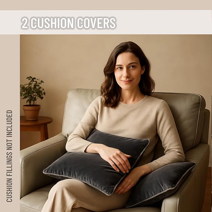 2 Pack Velvet Decorative Throw Pillow Covers, 12"x20", Deep Grey, Solid, Modern, Contrast Piping, Indoor Use, Bedroom & Living Room