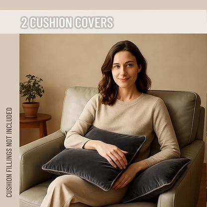 2 Pack Velvet Decorative Throw Pillow Covers, 12"x20", Deep Grey, Solid, Modern, Contrast Piping, Indoor Use, Bedroom & Living Room