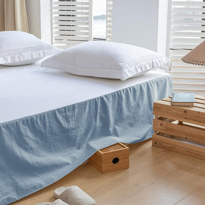 BISELINA French Linen Bed Skirt with Pleated Corner 22-Inch Tailored Drop Natural Flax Cotton Blend Basic Dust Ruffle Soft Cozy Farmhouse Bedding (22" King, Basic Dusty Blue)