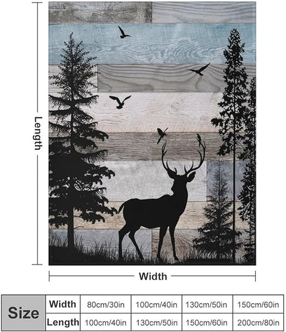 Rustic Deer Throw Blanket, Retro Cabin Farmhouse Country Lodge Blue Brown Wooden Board Wild Forest Animals Deer Bird Print Warm Cozy Blanket for Bed Couch Sofa Travel, 50"x60"