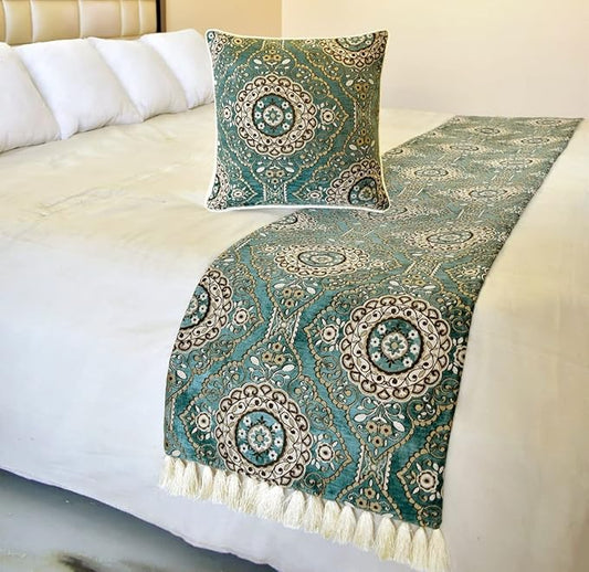 The HomeCentric King/Queen/Twin Teal Decorative King 90"x18" Bed Runner with 2 Pillow Cover, Art Deco, Floral, Tassels & Velvet Bed Scarf on Velvet Fabric - Ahmet
