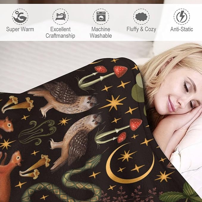 Rustic Forest Throw Blanket, Fairy Tale Forest Land Wild Animals Moths Flowers Moon Star Soft Flannal Blanket for Adult Kids Bed Couch Sofa, 40"x50"
