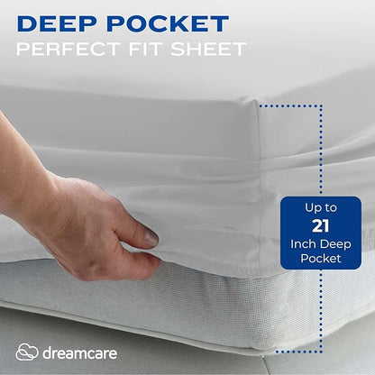 DREAMCARE California King Sheet Sets – 4 pcs Cooling Sheets – up to 21” Deep Cal King Sheets – Hotel Luxury Pillowcases – Superior Softness 100% Fine Microfiber with Side Pocket – Light Gray