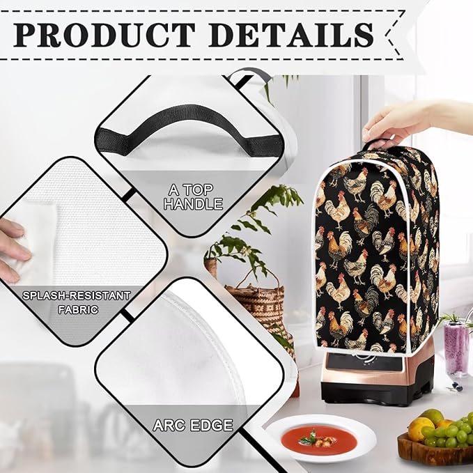 Chicken Rooster Print Blender Dust Cover, Stand Mixer or Coffee Maker Appliance Cover, Anti Fingerprint Polyester Dust Proof Stain Resistant for Blender Home Kitchen Decor