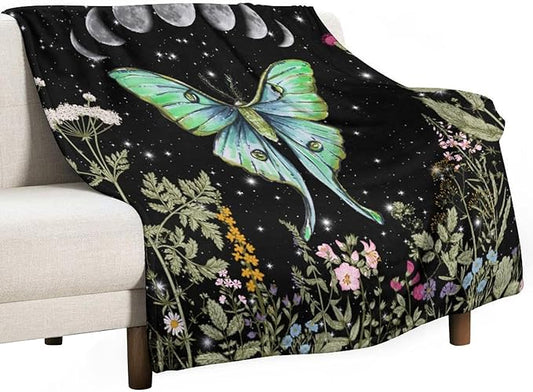 Moth Floral Flannel Blanket, Gothic Witchy Moon Phase Botanical Vintage Wildflower Plantsprint Soft Warm Fuzzy Throw Blanket for Couch Sofa Office Bed, 30"x40"