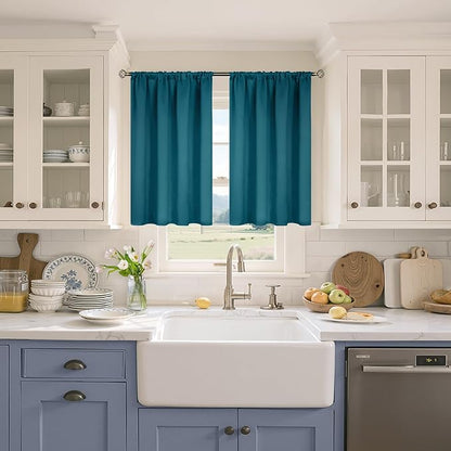 BGment Peacock Blue Blackout Curtains for Kitchen Cafe Window - Short Window Drapes Thermal Insulated Blackout Blinds for Rv Bathroom Privacy, 42 x 36 Inch, 2 Panels