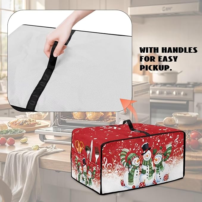 Christmas Convection Toaster Oven Cover with Pockets, Holiday Decor Smart Microwave Baking Oven Dust Cover for Countertop, L, 18.5 x 22.5 x 13 Inches, Snowman Musical Note Red