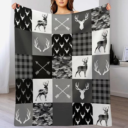 Rustic Cabin Throw Blanket, Farmhouse Grey Camouflage Deer Vintage Country Hunting Wildlife Blanket Throw for Bed Camping Travel Living Room Bedroom, 60"x80"