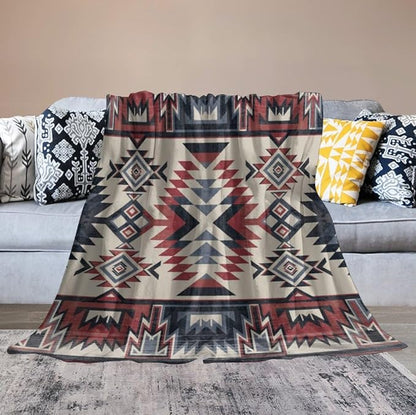 Southwest Blanket, Tribal Indian Throw Blanket Red Black Aztec Ethnic Geometric Print Blanket for Couch Bed Sofa Cover Throw Home Decor 50"x60"