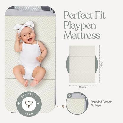 Sleepah Pack and Play Mattress Waterproof & Washable Cover Foldable Tri-Fold Pad 38 x 26 x 1.5 Pad for Babies and Toddlers Play Yards Mattresses Fits Most Playpens