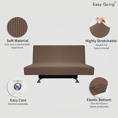 Easy-Going Stretch Futon Slipcover Armless Futon Bed Cover Furniture Protector Without Armrests with Elastic Bottom for Kids, Soft Jacquard Fabric Small Checks (Medium, Brown)