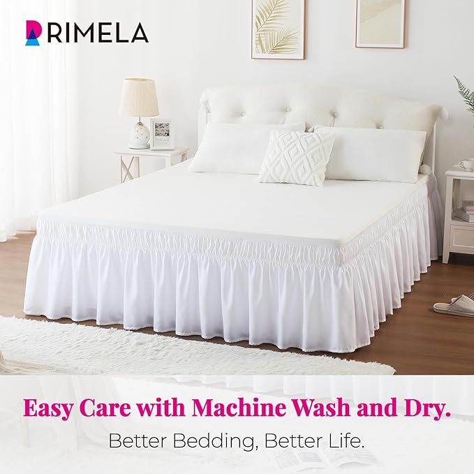 RIMELA White Bed Skirt Queen Size 16 Inch Drop, Elastic Bed Skirting for Bed Base and Frame, Bedding Dust Ruffle Easy to Install, Lightweight Wrap Around Adjustable Bedskirt