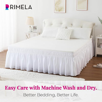 RIMELA Queen Bed Skirt 14 Inch Drop White, Wrap Around Elastic Bed Skirts Queen Size Dust Ruffle, Bedskirt for Adjustable Bed Base Solid Silky Fabric Machine Washable Easy to Install