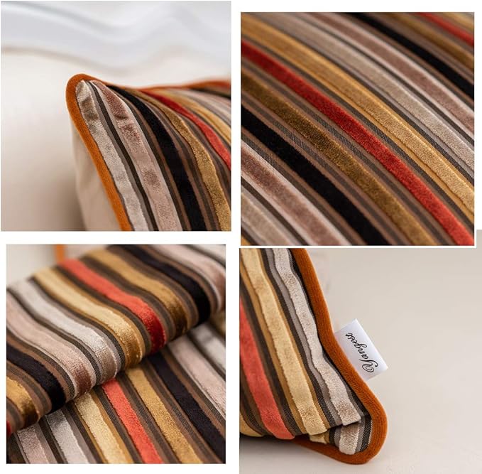 Yangest Orange Striped Throw Pillow Cover Multicolor Velvet Cushion Cover Modern Bohemian Pillowcase for Sofa Couch Bedroom Living Room Home Christmas Decoration,20x20 Inch