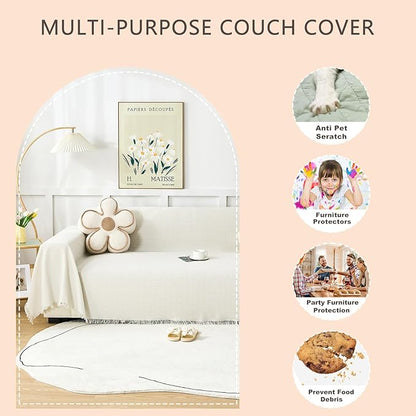 White Couch Cover Blanket Cute Geometrical Jacquard Washable Sofa Cover for Extra Large Furniture for 3 Cushion Sofa L Shaped Sectional Couch Blanket 71"x 134"
