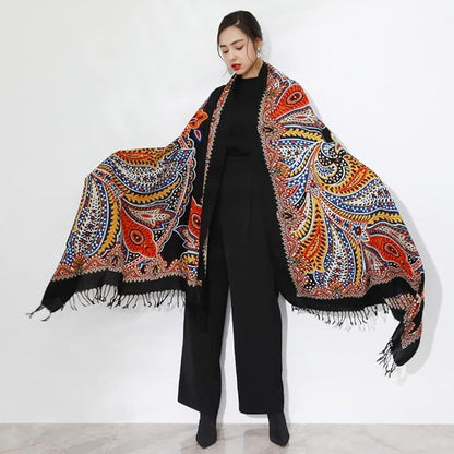 DANA XU 100% Merino Wool Pashmina Shawl for Women 96"x43", Oversized Cashmere Wrap with Tassels, Floral Travel Blanket Cape