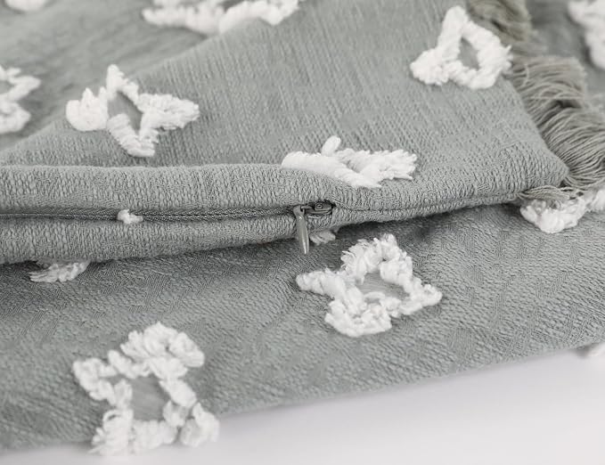 Boho Long Lumbar Pillow Cover 12x24 with Tassel,3D Flower Patterned Cotton Decorative Long Lumbar Pillow Cover Pillow Case for Sofa Couch Bed Livingroom Farmhouse,Blue Grey