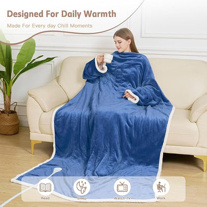 Heated Blanket, 55"×80" Wearable Electric Blanket with Sleeves, Sherpa Snuggle Throw Blanket, Warm Gift for Grandma, Mom, Dad, (Navy)