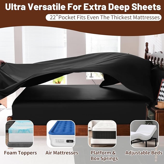 Extra Deep Pocket King Sheets 18-24 Inch 100% Egyptian Cotton 1000 Thread Count Sateen Weave Soft Breathable 4 Pieces（King，Black）