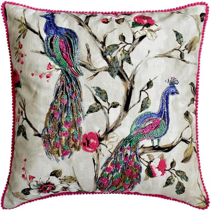 The HomeCentric King/Queen/Twin Pink & Purple Decorative Queen 74"x18" Bed Runner Without Pillow Cover, Peacock, Beaded, Pom Pom Lace Bed Scarf on Cotton Fabric - Pavo Paradiso