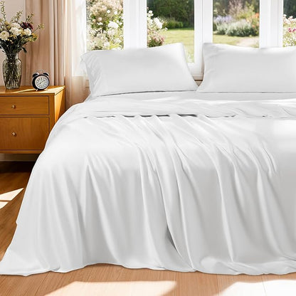 Luxury Mulberry Silk Modal King Size Sheet Set 4pc, Ultra Breathable & Cooling Bed Sheets for Hot Sleepers, Hotel Luxury Silky Bedding Sheets, 16" Deep Pocket(King,White)