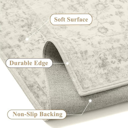3x5 Grey Area Rug Non Slip Vintage Office Entryway Rug Distressed Machine Washable Kitchen Carpet Traditional Retro Floral Accent Throw Door Mat for Bedroom Bathroom Dining Living Room
