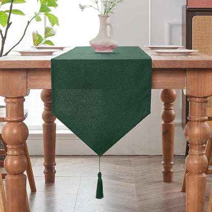 BALCONY & FALCON Table Runner with Tassels Rustic Farmhouse Jacquard Linen Style Water Resistant Washable Runner for Dining Kitchen Party Christmas Everyday Use 14 x 95 inch, Dark Green