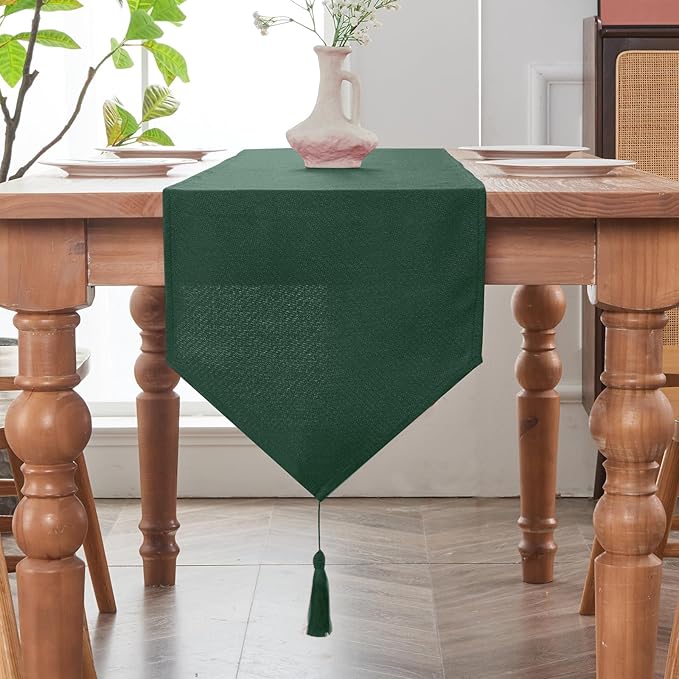 BALCONY & FALCON Table Runner with Tassels Rustic Farmhouse Jacquard Linen Style Water Resistant Washable Runner for Dining Kitchen Party Christmas Everyday Use 14 x 118 inch, Dark Green